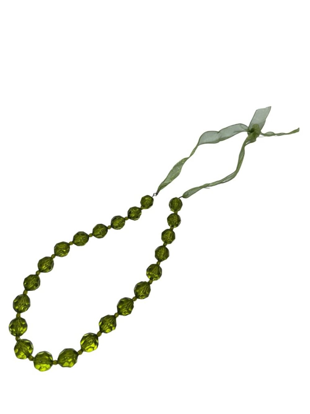 Green Beaded Necklace Faceted Acrylic With Sheer Ribbon Adjustable Length